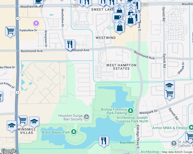 map of restaurants, bars, coffee shops, grocery stores, and more near 3266 Windchase Boulevard in Houston