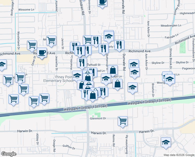 map of restaurants, bars, coffee shops, grocery stores, and more near 8721 Windswept Lane in Houston