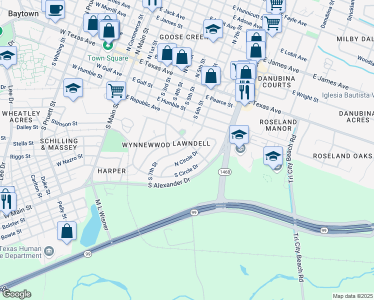 map of restaurants, bars, coffee shops, grocery stores, and more near 602 South 7th Street in Baytown
