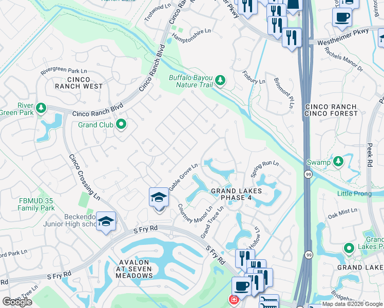 map of restaurants, bars, coffee shops, grocery stores, and more near 25019 Spring Ash Lane in Katy