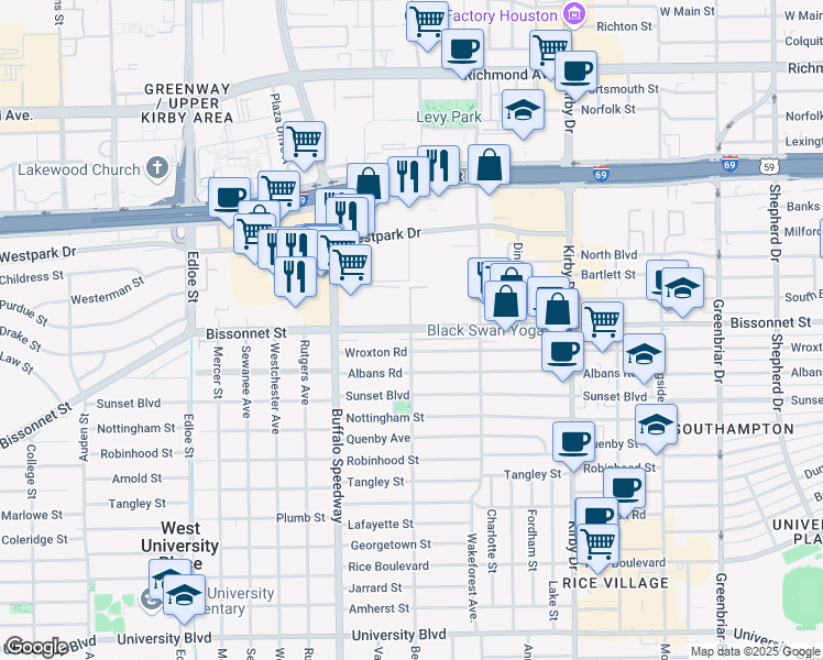 map of restaurants, bars, coffee shops, grocery stores, and more near 2993 Bissonnet Street in West University Place