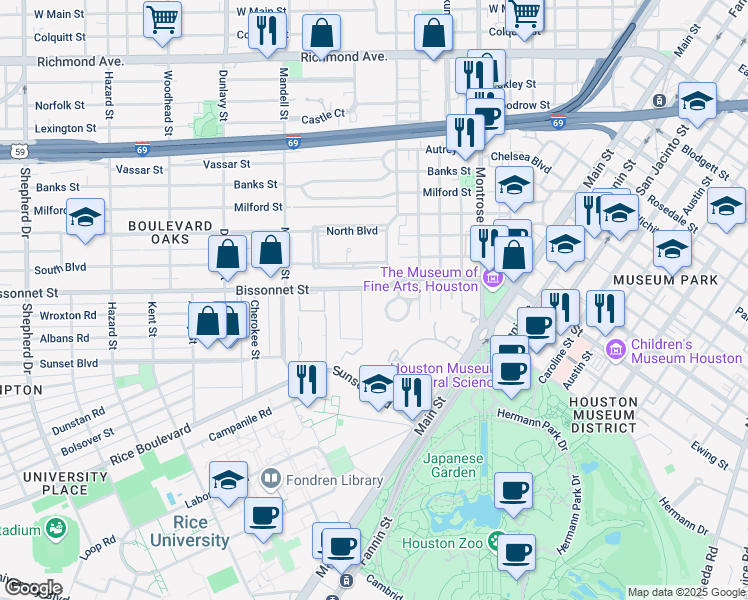 map of restaurants, bars, coffee shops, grocery stores, and more near 5313 Dora Street in Houston