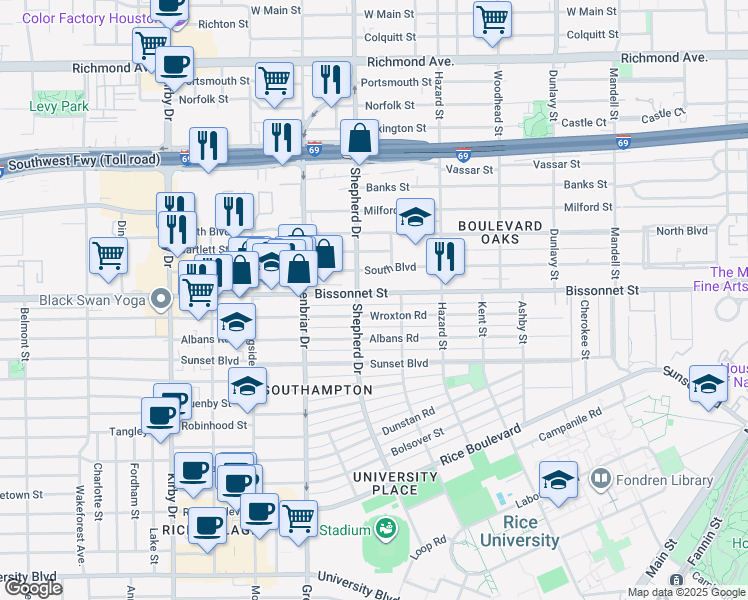 map of restaurants, bars, coffee shops, grocery stores, and more near in Houston