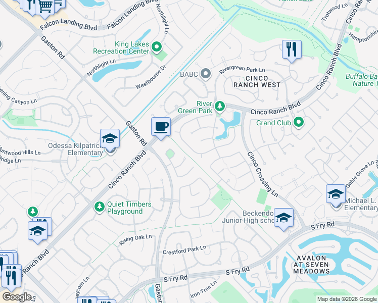map of restaurants, bars, coffee shops, grocery stores, and more near 5106 Luke Ridge Lane in Katy