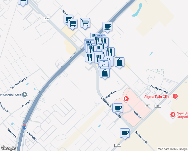 map of restaurants, bars, coffee shops, grocery stores, and more near 204 Creekside Way in New Braunfels