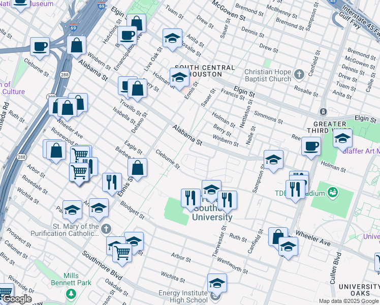 map of restaurants, bars, coffee shops, grocery stores, and more near 101 Briley Street in Houston