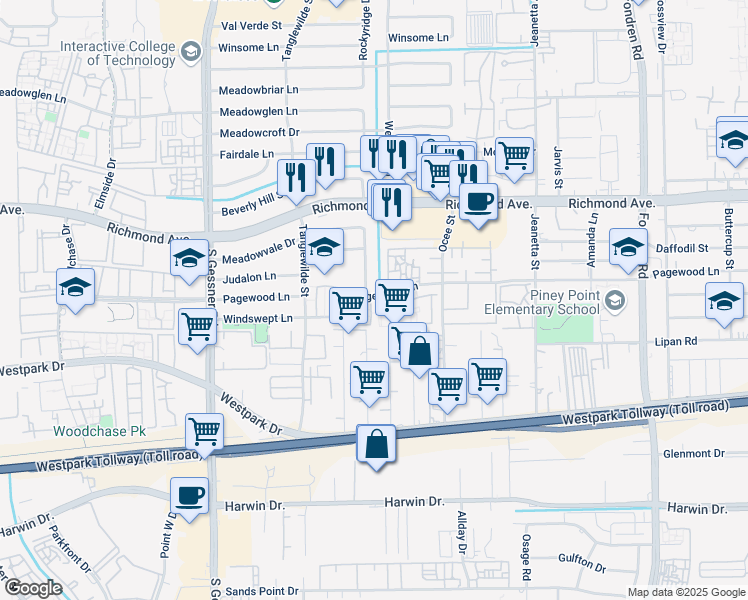 map of restaurants, bars, coffee shops, grocery stores, and more near 9453 Pagewood Lane in Houston