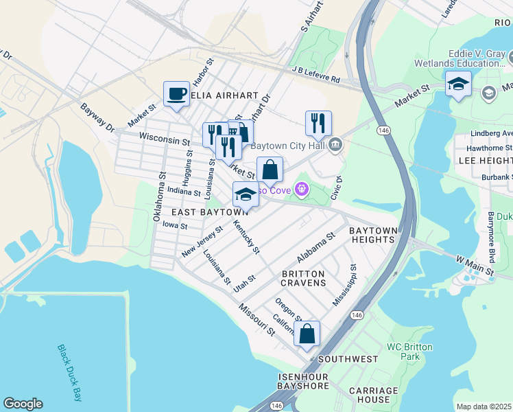 map of restaurants, bars, coffee shops, grocery stores, and more near 2600 Virginia Street in Baytown