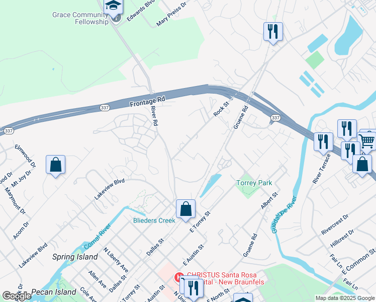 map of restaurants, bars, coffee shops, grocery stores, and more near 566 Rock Street in New Braunfels