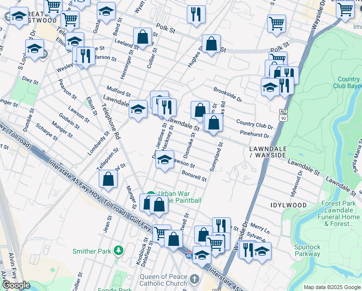 map of restaurants, bars, coffee shops, grocery stores, and more near 5530 McCormick Street in Houston