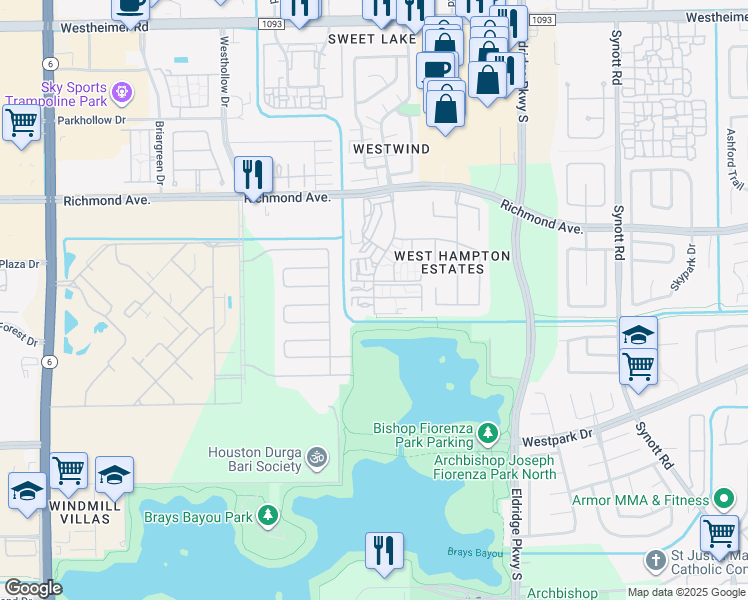 map of restaurants, bars, coffee shops, grocery stores, and more near 3233 Windchase Boulevard in Houston