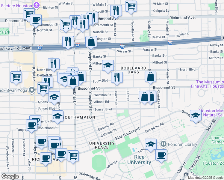 map of restaurants, bars, coffee shops, grocery stores, and more near 2011 Bissonnet St in Houston