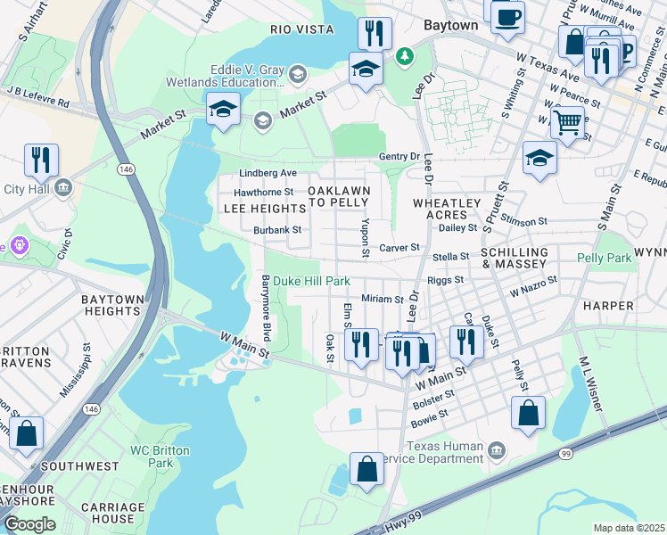 map of restaurants, bars, coffee shops, grocery stores, and more near 1109 Martin Luther King Street in Baytown