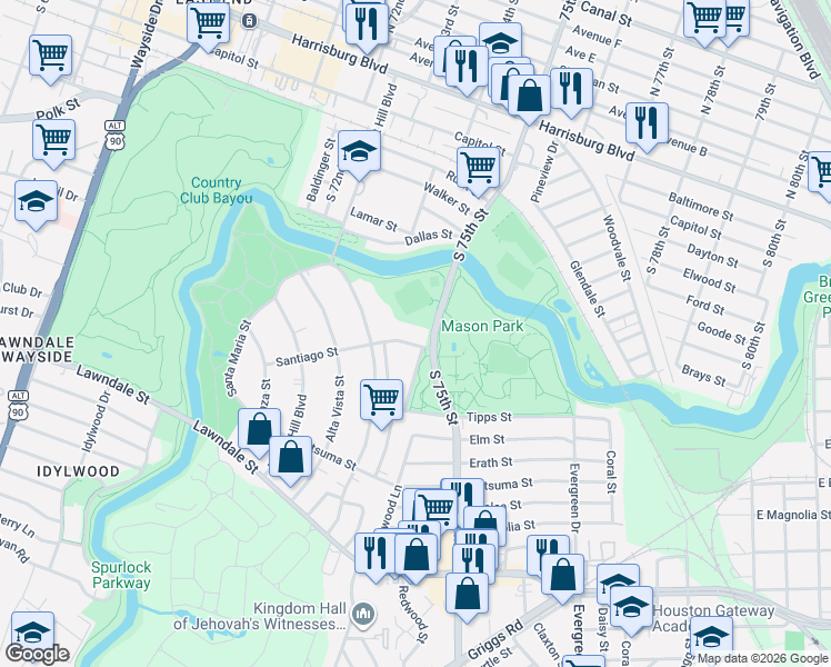 map of restaurants, bars, coffee shops, grocery stores, and more near 7343 Santiago Street in Houston
