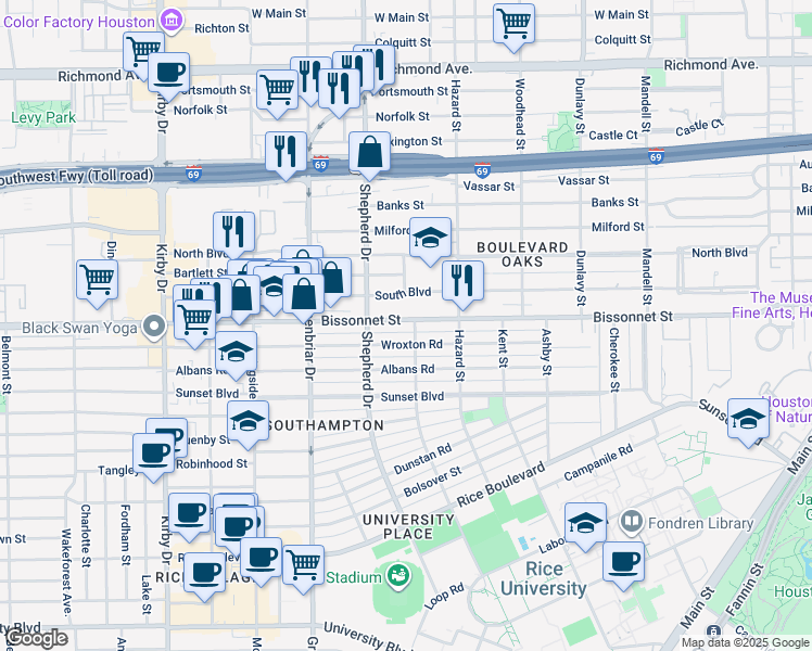 map of restaurants, bars, coffee shops, grocery stores, and more near 2107 Bissonnet Street in Houston