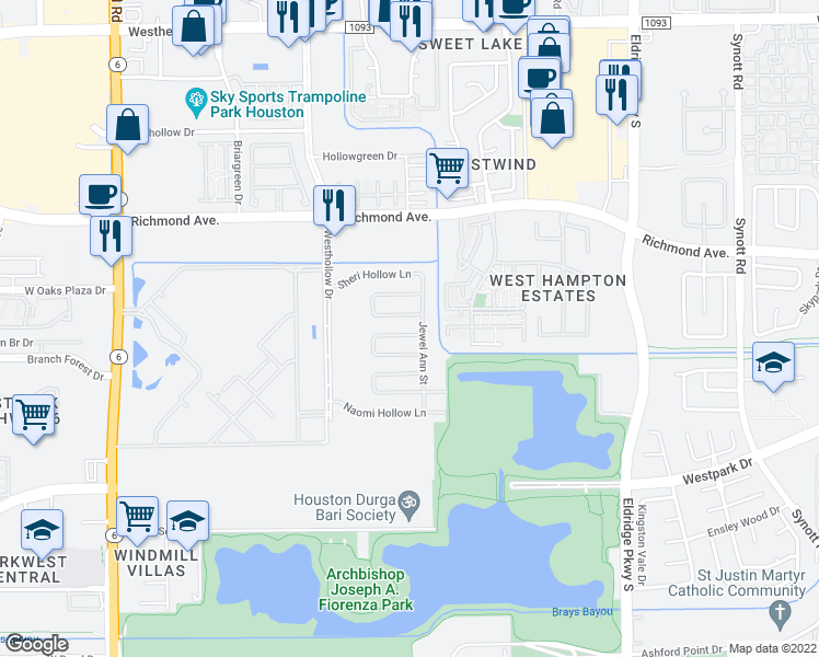 map of restaurants, bars, coffee shops, grocery stores, and more near 13810 Beech Hollow Lane in Houston
