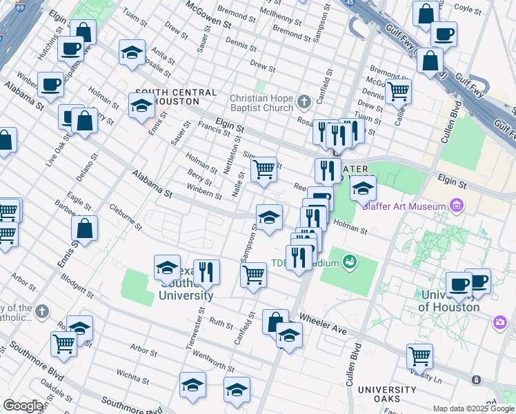 map of restaurants, bars, coffee shops, grocery stores, and more near 3509 Cobb Street in Houston