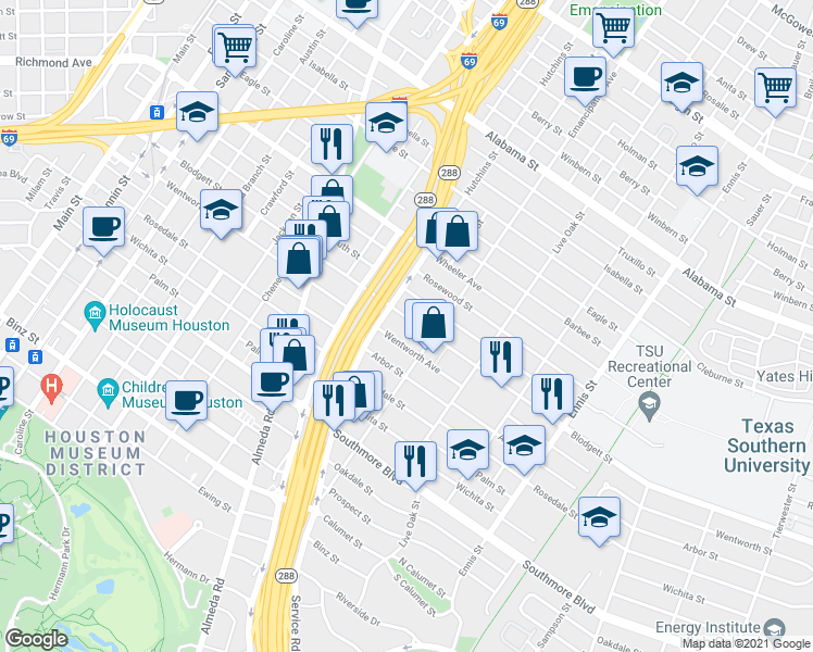 map of restaurants, bars, coffee shops, grocery stores, and more near 2309 Blodgett Street in Houston