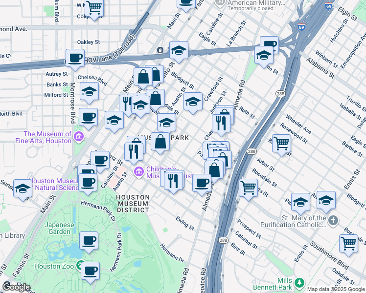 map of restaurants, bars, coffee shops, grocery stores, and more near 1603 Southmore Boulevard in Houston