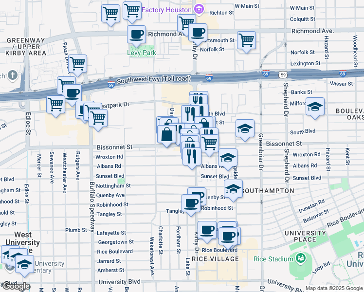 map of restaurants, bars, coffee shops, grocery stores, and more near 2617 Bissonnet Street in Houston