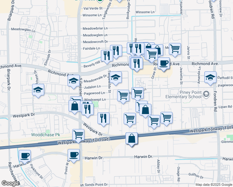 map of restaurants, bars, coffee shops, grocery stores, and more near 9522 Pagewood Lane in Houston
