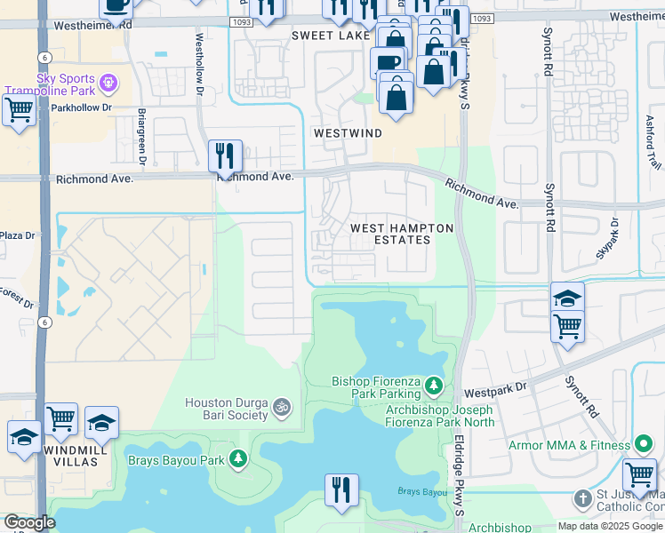 map of restaurants, bars, coffee shops, grocery stores, and more near 3233 Windchase Boulevard in Houston