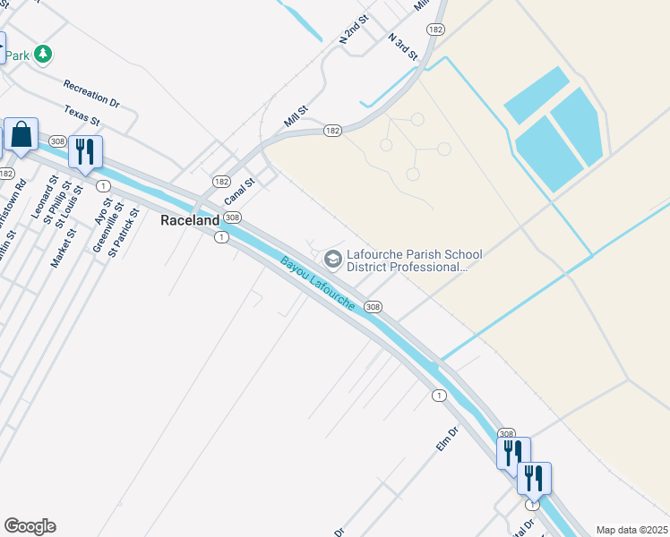 map of restaurants, bars, coffee shops, grocery stores, and more near Highway 308 South in Raceland