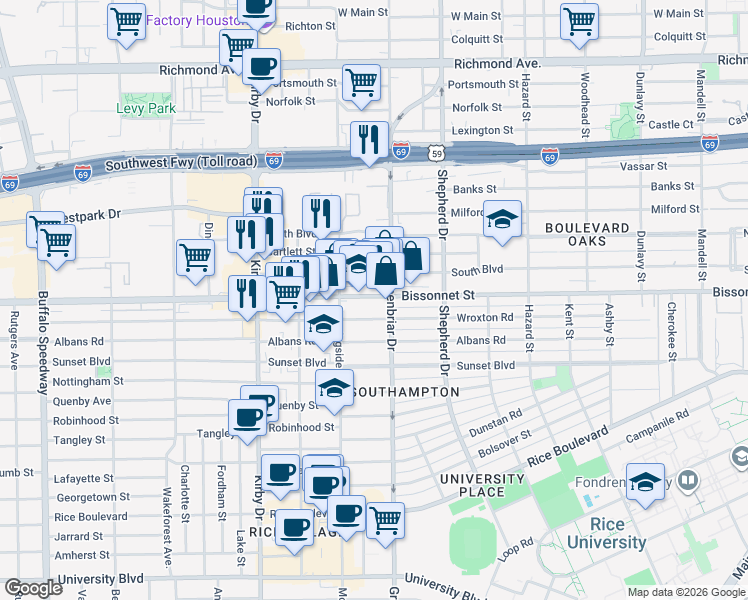 map of restaurants, bars, coffee shops, grocery stores, and more near 2313 Bissonnet Street in Houston