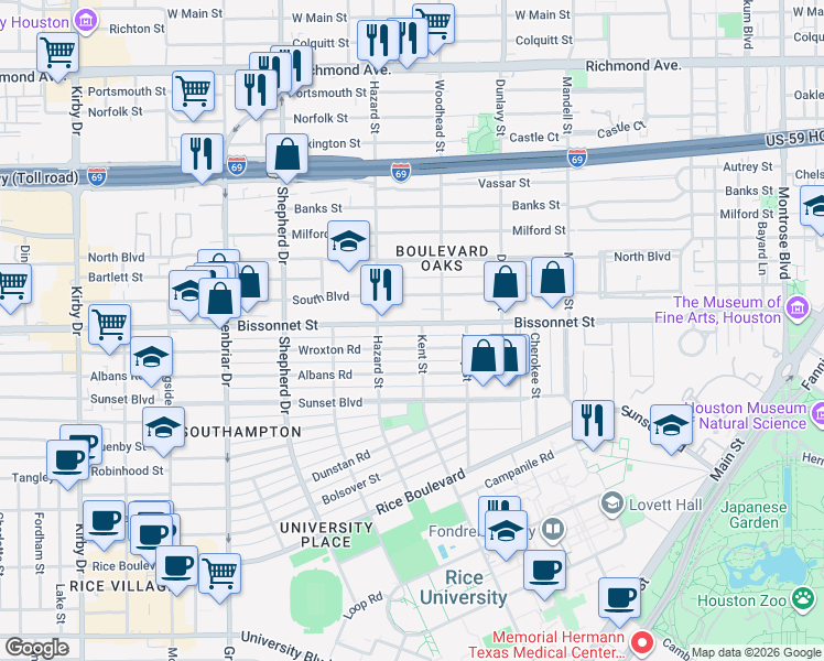 map of restaurants, bars, coffee shops, grocery stores, and more near 1915 Bissonnet Street in Houston