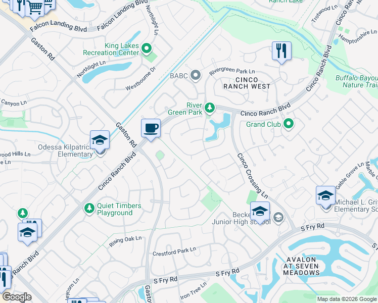 map of restaurants, bars, coffee shops, grocery stores, and more near 5106 Luke Ridge Lane in Katy