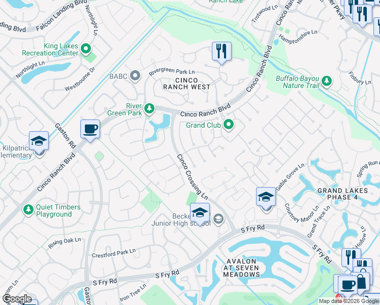 map of restaurants, bars, coffee shops, grocery stores, and more near 5203 Sandyfields Lane in Katy