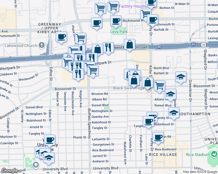 map of restaurants, bars, coffee shops, grocery stores, and more near 3000 Bissonnet Street in Houston
