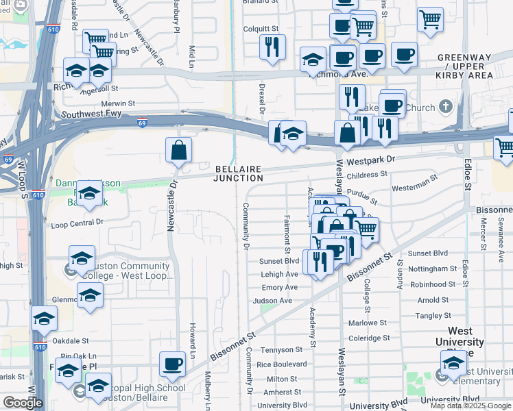 map of restaurants, bars, coffee shops, grocery stores, and more near 4246 Drake Street in Houston