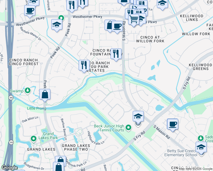 map of restaurants, bars, coffee shops, grocery stores, and more near 4310 Autumn Mist Court in Katy