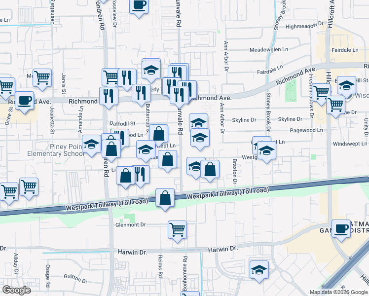 map of restaurants, bars, coffee shops, grocery stores, and more near 3701 Dunvale Road in Houston