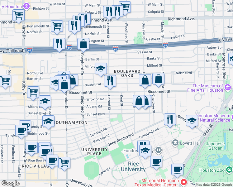 map of restaurants, bars, coffee shops, grocery stores, and more near 1915 Bissonnet Street in Houston