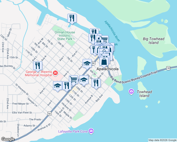 map of restaurants, bars, coffee shops, grocery stores, and more near 86 Avenue East in Apalachicola