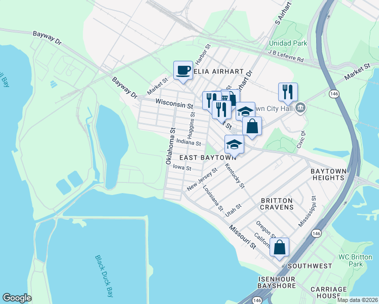 map of restaurants, bars, coffee shops, grocery stores, and more near 3128 Ohio Street in Baytown