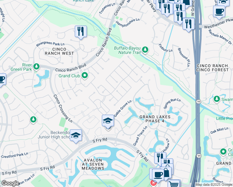 map of restaurants, bars, coffee shops, grocery stores, and more near 5310 Thorngate Ct in Katy