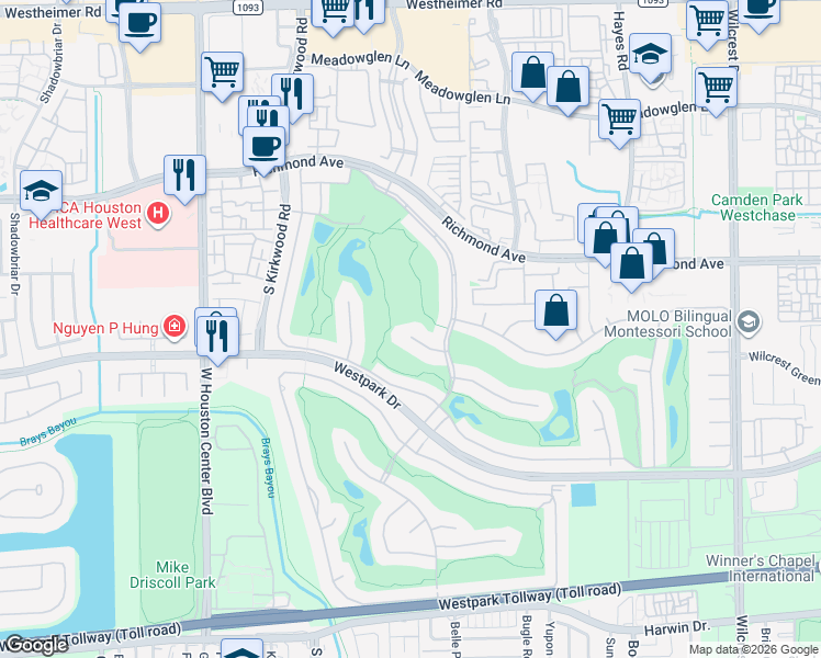 map of restaurants, bars, coffee shops, grocery stores, and more near 11714 Empress Oaks Court in Houston