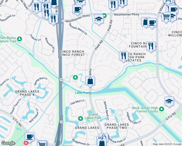 map of restaurants, bars, coffee shops, grocery stores, and more near 4515 Peek Road in Katy