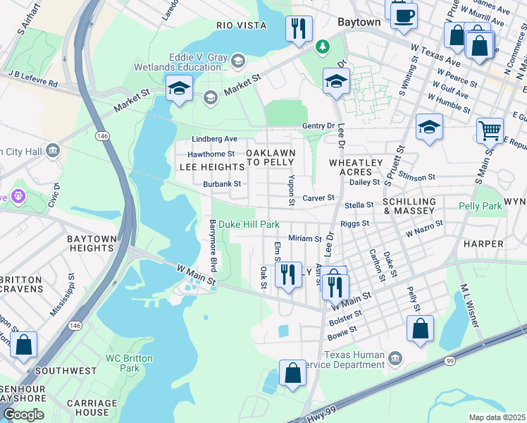 map of restaurants, bars, coffee shops, grocery stores, and more near 1109 Martin Luther King Street in Baytown