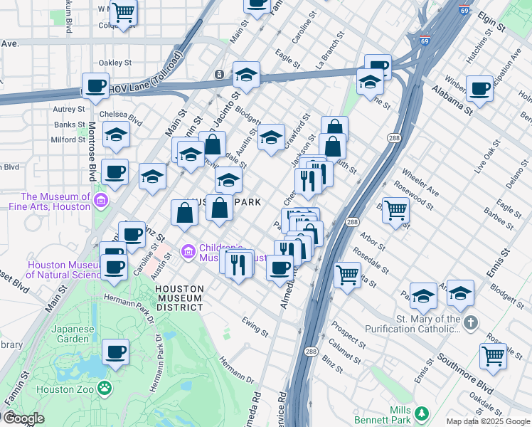 map of restaurants, bars, coffee shops, grocery stores, and more near 5011 Jackson Street in Houston
