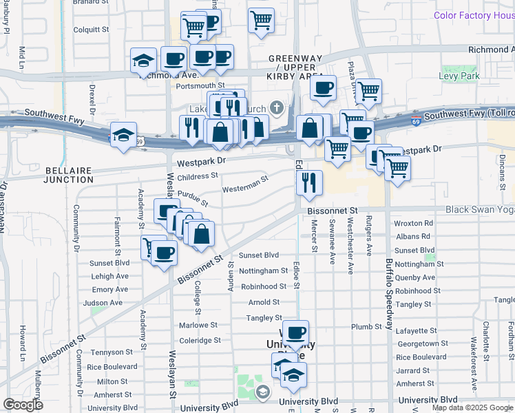 map of restaurants, bars, coffee shops, grocery stores, and more near 3751 Purdue Street in Houston