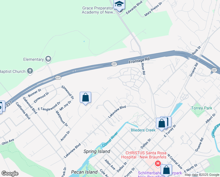 map of restaurants, bars, coffee shops, grocery stores, and more near 692 Acorn Drive in New Braunfels