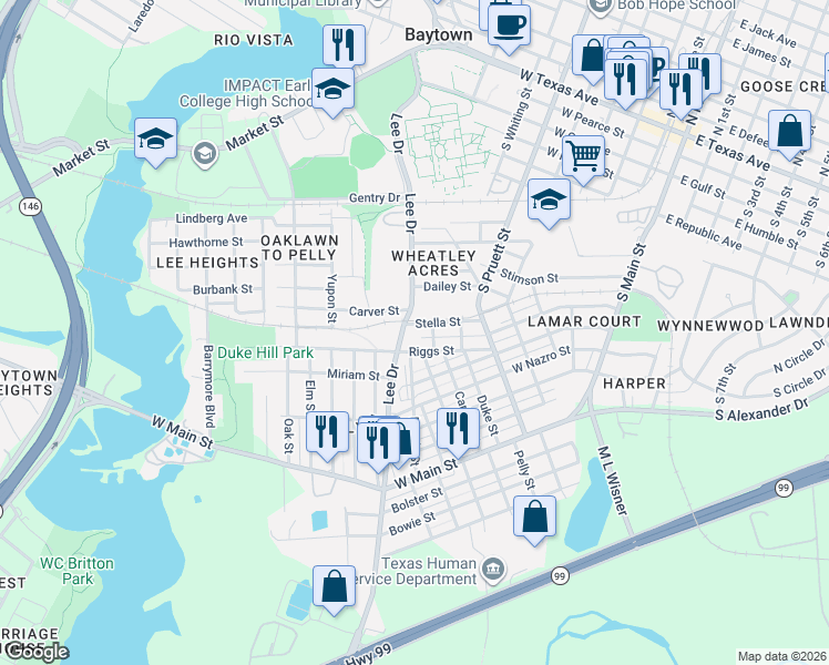 map of restaurants, bars, coffee shops, grocery stores, and more near 615 Stella St in Baytown
