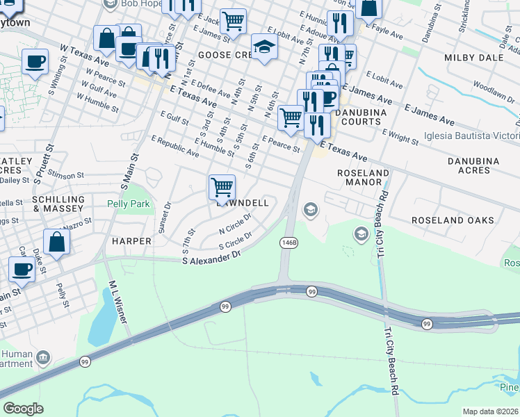map of restaurants, bars, coffee shops, grocery stores, and more near 504 North Circle Drive in Baytown