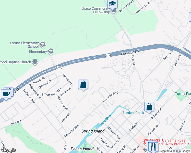 map of restaurants, bars, coffee shops, grocery stores, and more near 644 Sydney Circle in New Braunfels