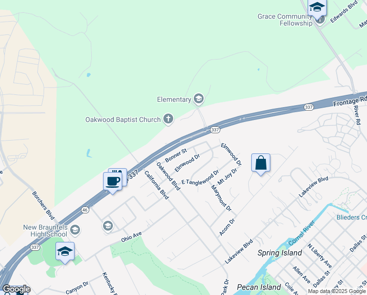 map of restaurants, bars, coffee shops, grocery stores, and more near 263 Bonner Street in New Braunfels