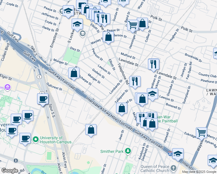 map of restaurants, bars, coffee shops, grocery stores, and more near 1547 Munger Street in Houston